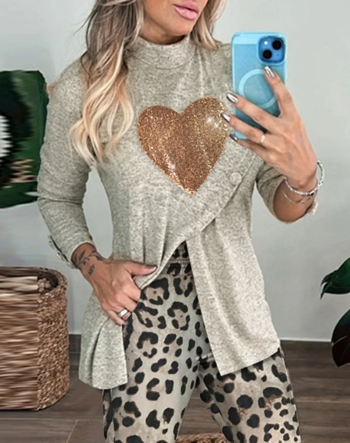 2 Piece Heart Pattern Contrast Sequin Mock Neck Long Sleeve Slit Top Leopard Print High Waist Cuffed Pants Lounge Sets