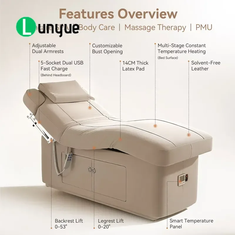 Dual Motor Electric Adjustable Facial Massage Bed Heated Wood Frame for Spa Beauty Modern Design Custom Color Available