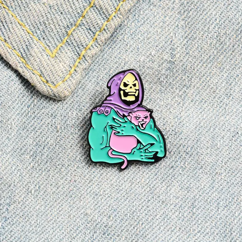 Skeletor purple hood Enamel Pin Skeleton and Cat Badge Brooch Custom Lapel pin for Shirt Hat Bag Gothic Jewelry Gift for friend