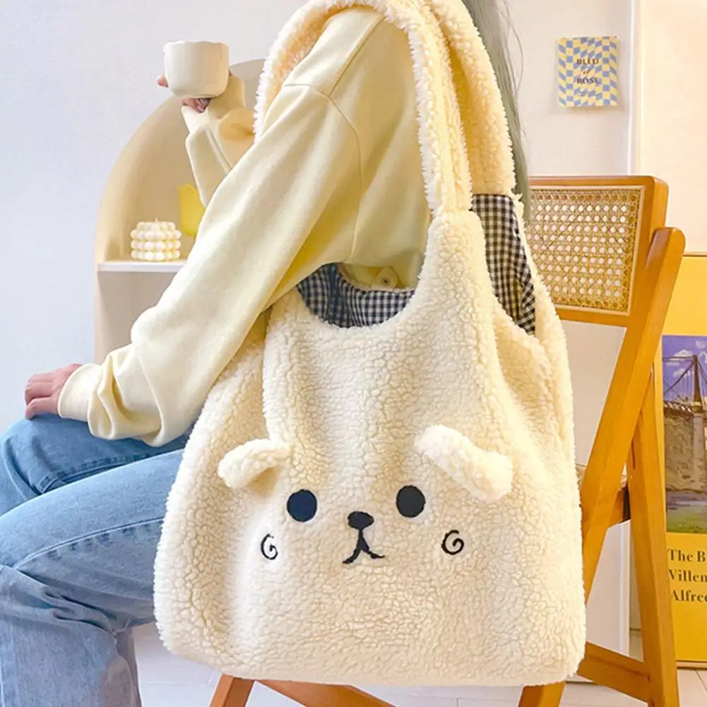 Winter Soft Plush Tote Bag Women Cartoon Embroidery Imitation Lamb Hair Shoulder Bag For Women 2023 Shopper Bag H1A3