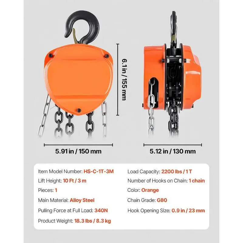Hand Chain Hoist, 1 Ton 2200 lbs Capacity, Manual Chain Block with Upgrade G80 Galvanized Chain, 10 ft Lifting Height, Heavy Duty Pulley Hoist for Garage Warehouse Automotive Machinery, Orange - view 5