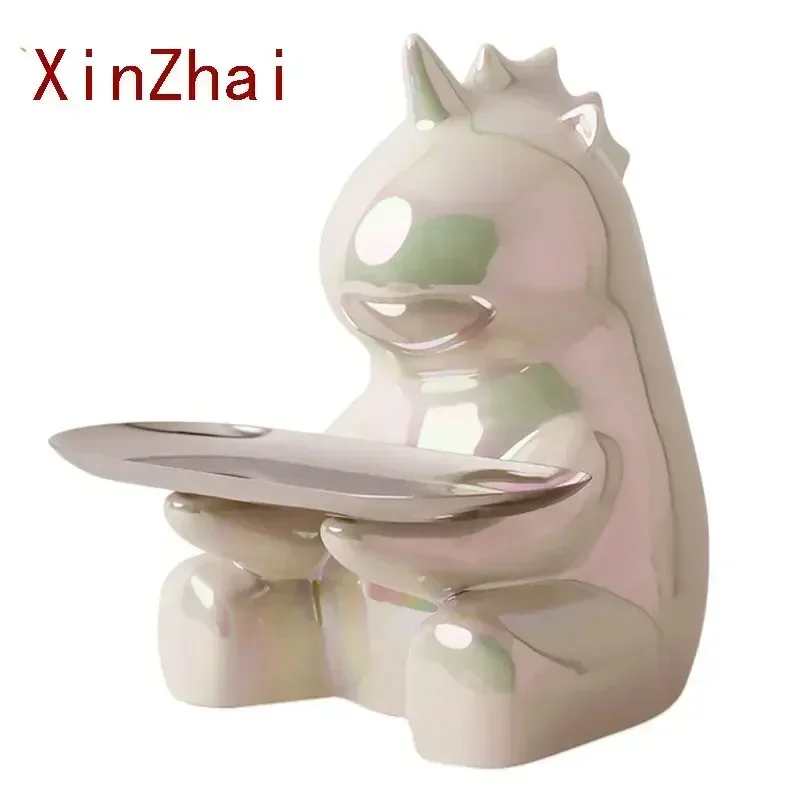 

Ceramic Unicorn Figurine with Metal Tray Living Room House Decoration Entry Porch Statue Candy Key Holder Home Decor Accessories