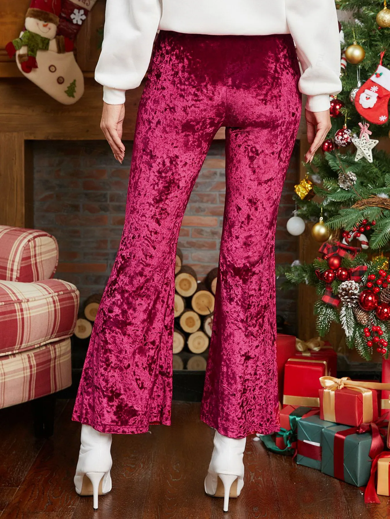 ZAFUL Women's Crushed Velvet Bell Bottom Pants Red Velour Flare Colored Party Pants 70s Fashion Christmas dress 2024 new