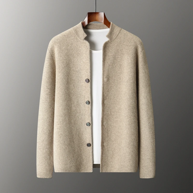 High End Cashmere Cardigan Men's Stand Up Collar Solid Color Four Flat Thick Long Sleeved Loose Business Casual Cashmere Jacket