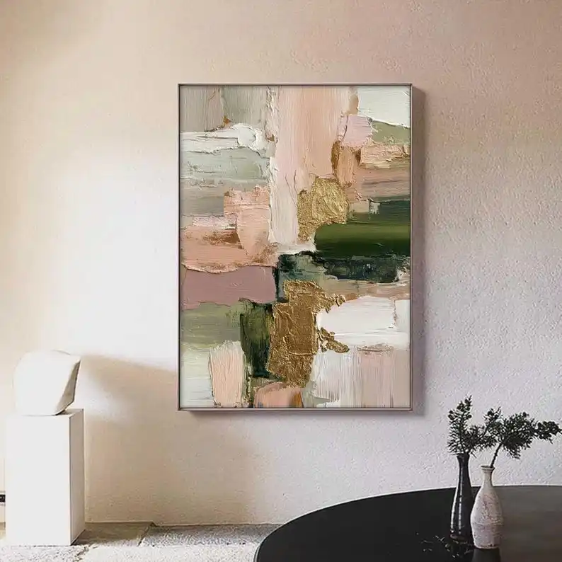 

Large Gold Leaf Abstract Oil Painting Unframed Original Textured Canvas Wall Art, Pink & Green Impasto Art for Living Room Decor