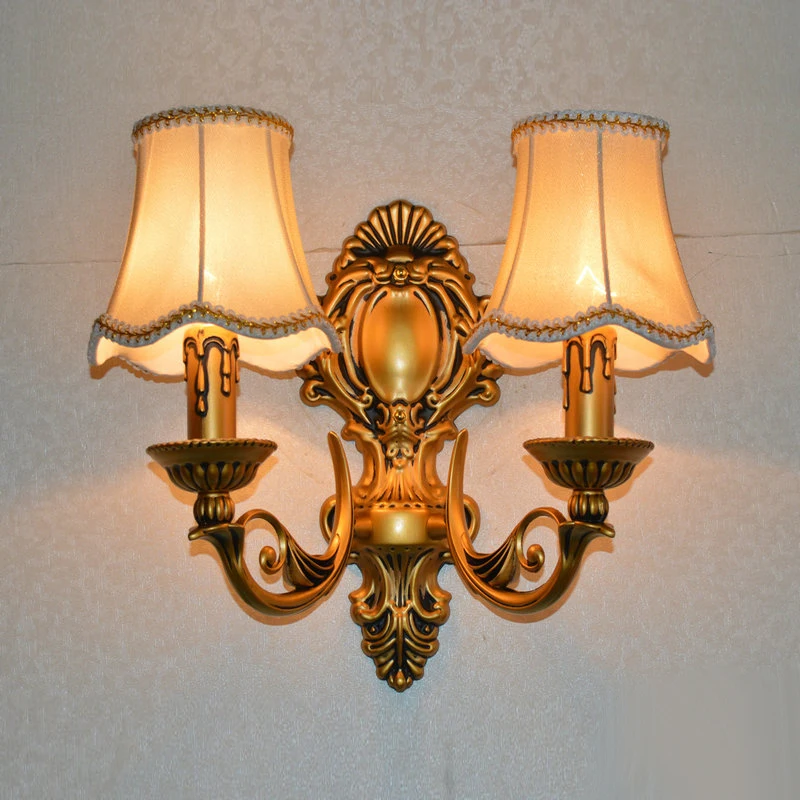 

European Classic Cloth Double Head Wall Lamp E14 Lighting Gold Iron Restaurant Bedroom Study Retro Deco LED Sconce Fixture Light