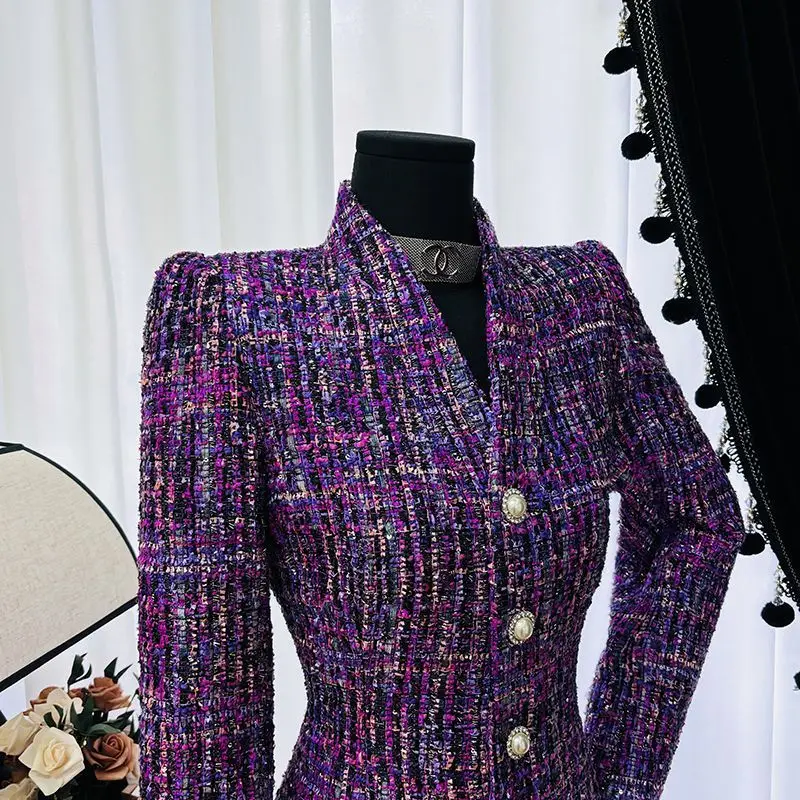 الفاخرة عالية الجودة الوقوف طوق تويد خندق معطف طويل الأكمام منتصف طول سترة واقية سليم صالح المرأة معطف واحدة الصدر #5