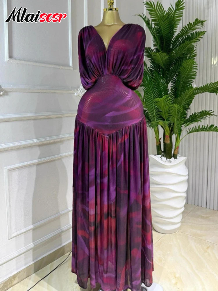 Mlaiscsr Fashion Print Pleated Women Purple V-neck Batwing Short Sleeve Patchwork Long Dresses Vacation Party Wedding Guest Robe