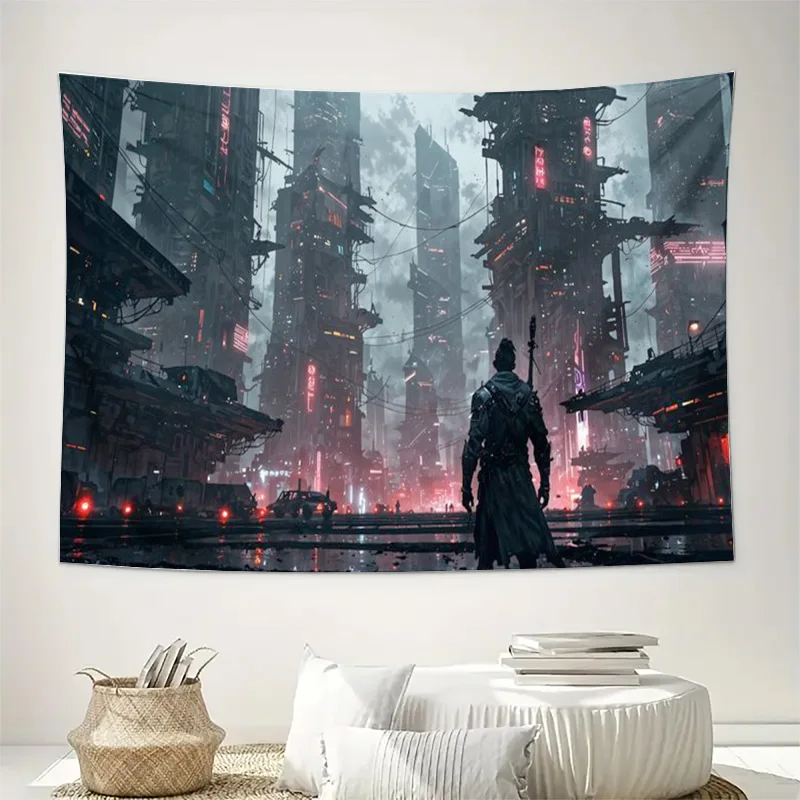 Dark City Tapestry Fantasy Sci-Fi Wall Art Print Futuristic Urban Scene with Samurai Warrior for Living Room Decor