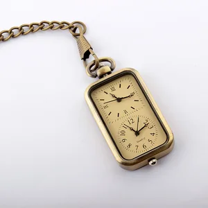 2023 New Vintage Style Bronze Double Clock Square Pocket Watch Necklace