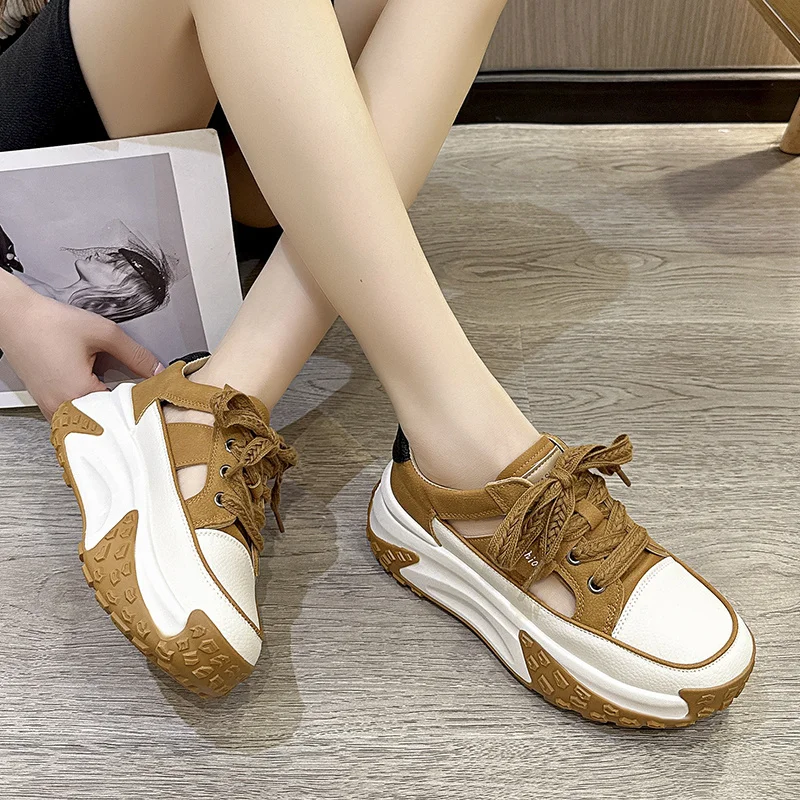 2023 Spring Chunky Sneakers Shoes for Women Europe Baotou Heightening Dad Shoes Mixed Color New  Sport Platform Single Shoes