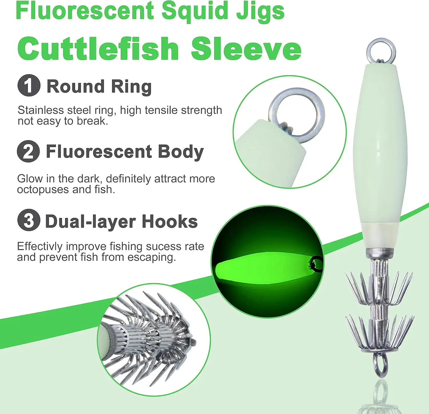 2026 Luminous Stainless Steel Squid Jig Hooks Kit 10pcs Glow Saltwater Fishing Lures Cuttlefish Octopus Bait for Night Ocean Use