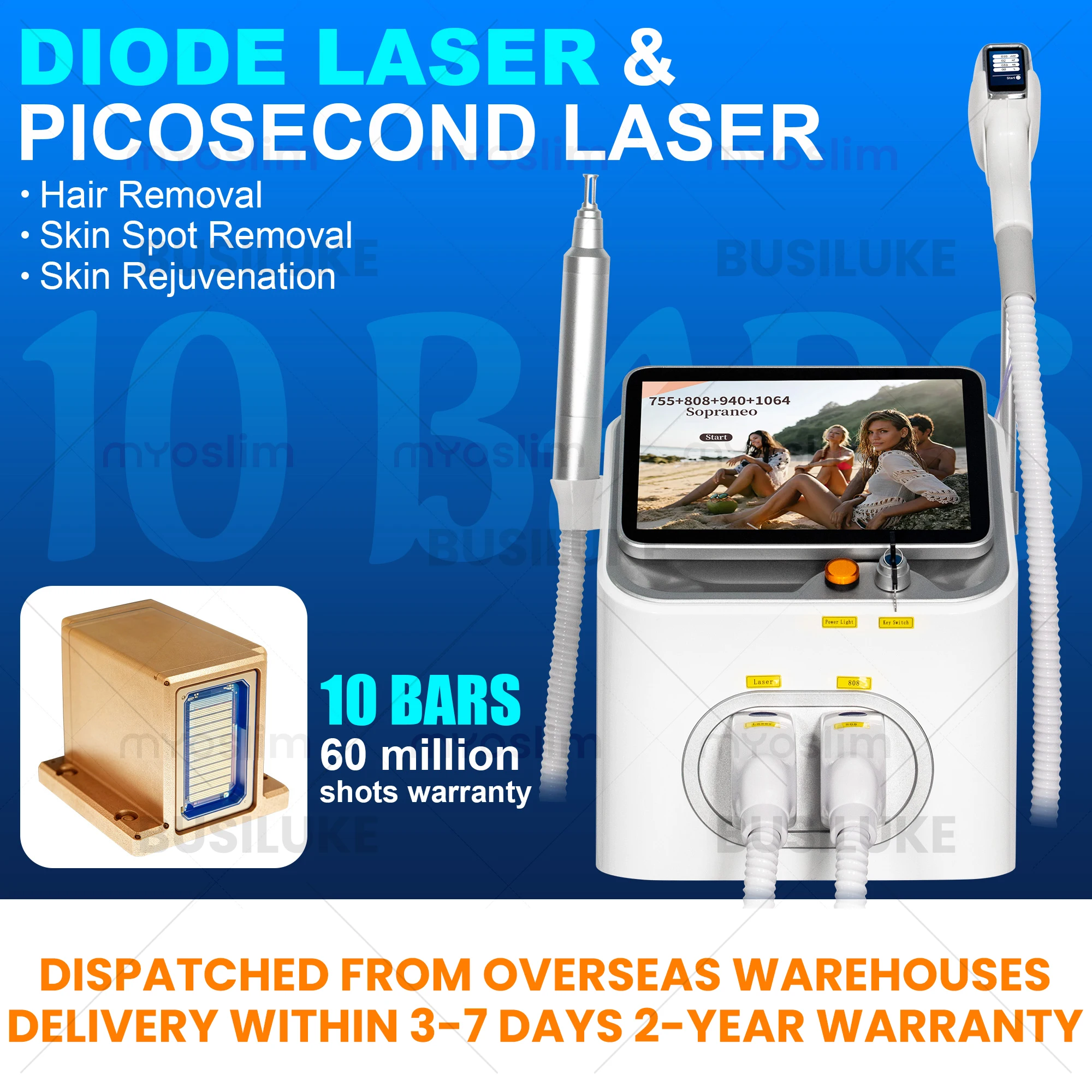 5000W FAC Soprano 2in1 Picosecond 755 808 940 1064nm Hair Removal Rejuvenation 10 Bars 60 Million Shots Ice Handle Beauty Salon