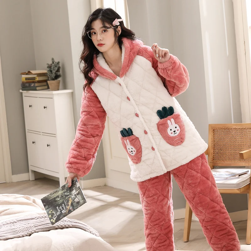 

High Quality Cute Cartoon Pajamas Set Thick Three Layer Flannel Sleepwear Hooded Pyjamas Homewear Nightwear