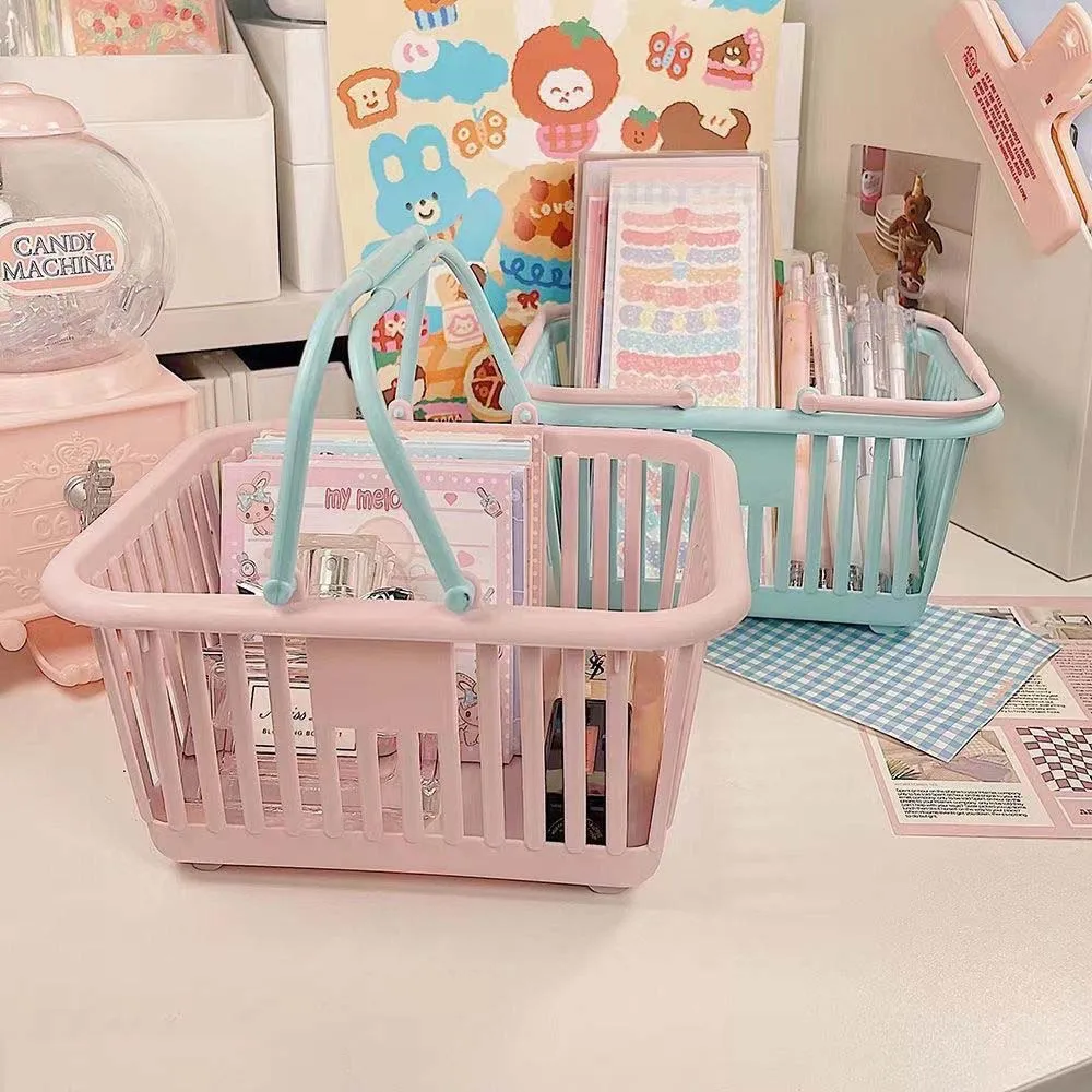 Ins Cute Pink Plastic Storage Baskets Desktop Sundries Neatening Organization Sweet Portable Mini Basket Book Snacks Container