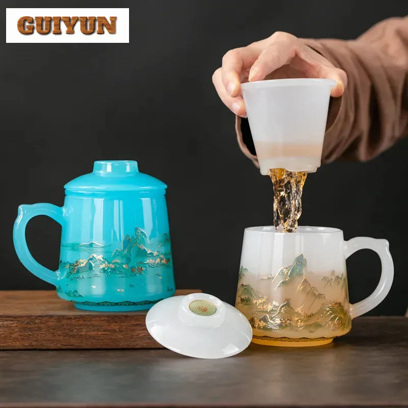 

390ml Ancient Colored Glaze Teacup Masters Handmade Landscape Filter Tea Separator Cup Office Work Mug Customized Gift Boxes