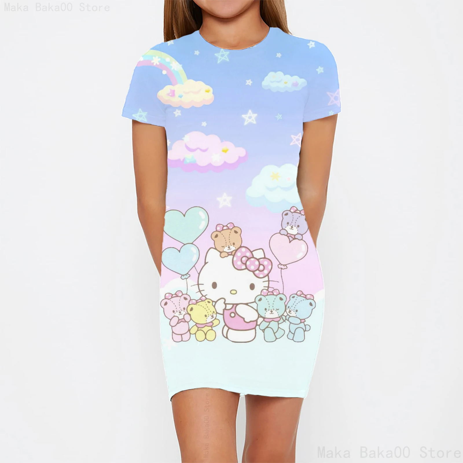 Sanrio Hello Kitty cute cartoon print sweet and cute girls short-sleeved T-shirt dress spring and summer short skirt