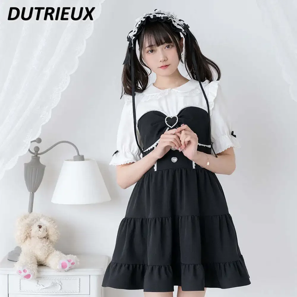 

Summer New Sweet Girls Japanese Cute Love Heart Bow Tie Cake Princess Dress Doll Collar Patchwork Short Sleeve Dresses