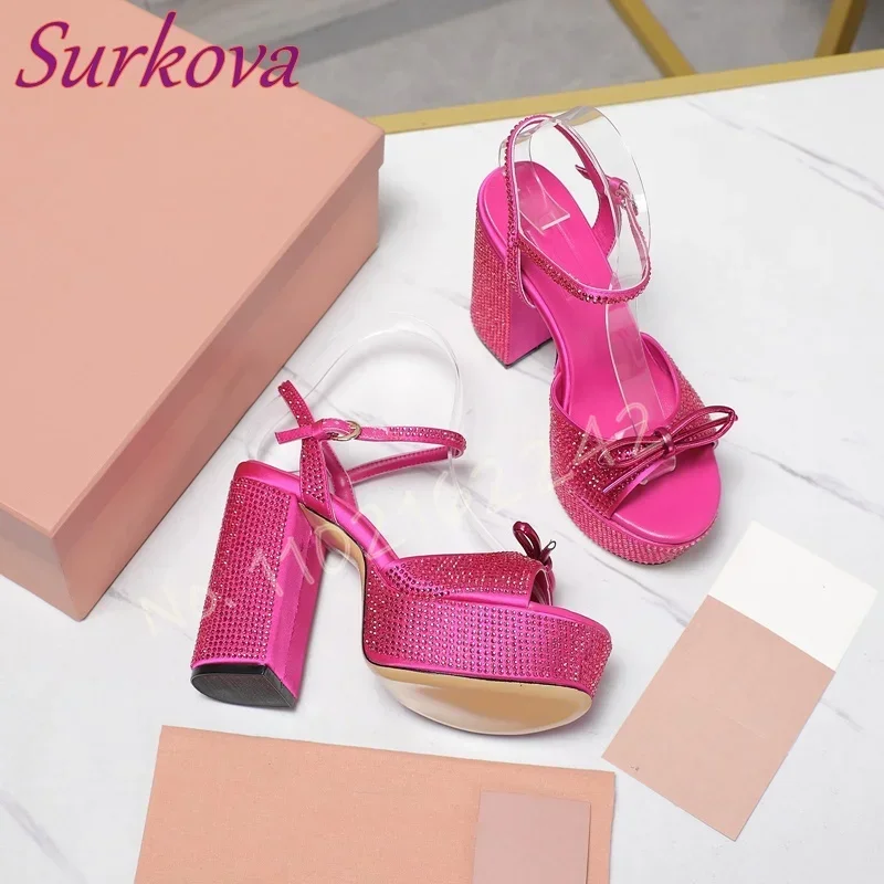 

Bowknot Rhinestone Platform Shoes Rose Red Round Toe Thick Heel Buckle Strap Luxury High Heels Elegant Prom Wedding Sandals 46