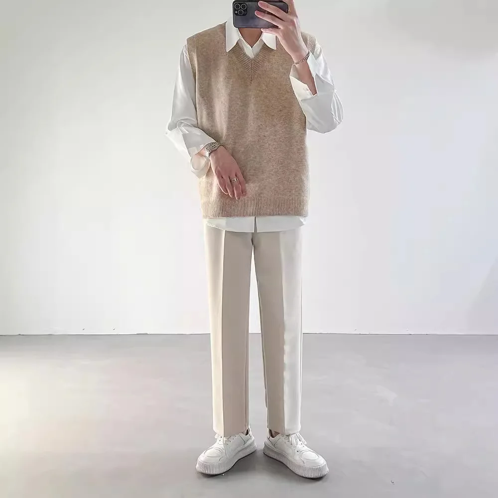 Men's Vintage Loose Warm Comfortable Base Knitted Sweater Vest Sleeveless Inner Layer Pullover V-Neck Jumpers