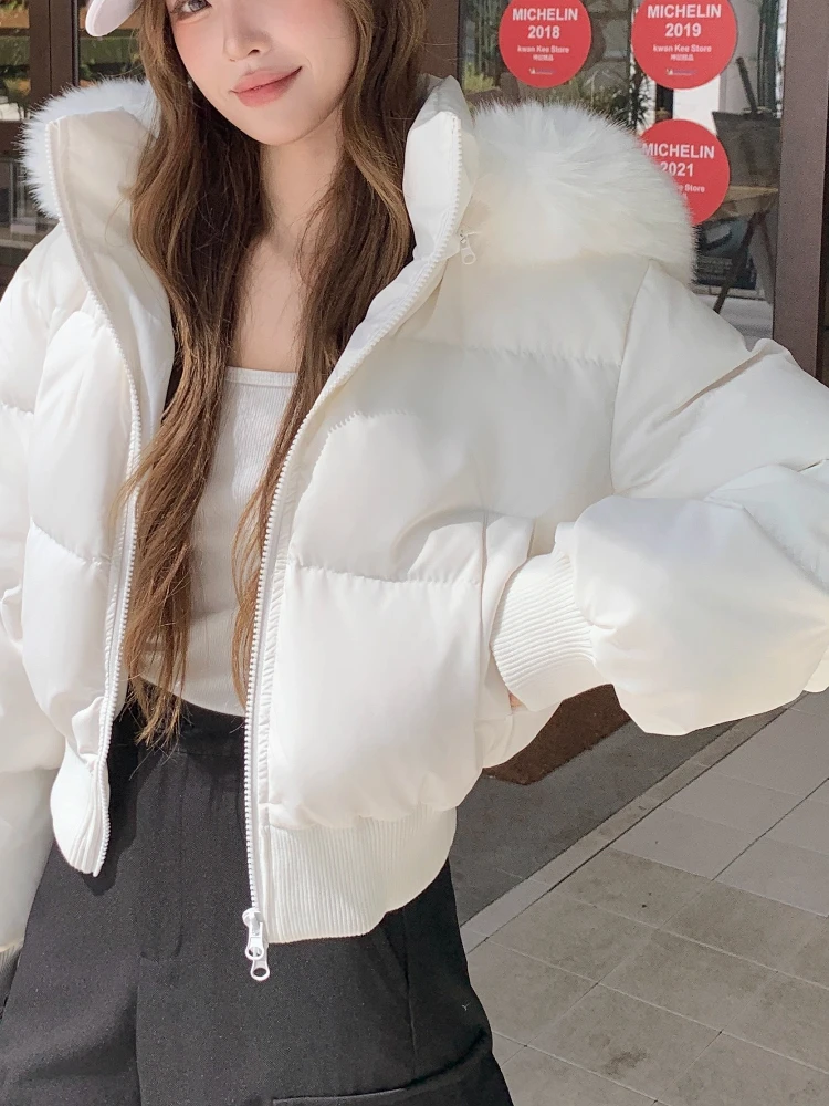 เสื้อแจ็คเก็ตพัฟเฟอร์มีฮู้ดสำหรับผู้หญิง ฤดูหนาว หนา อุ่น แบบสั้น มีปกขนสัตว์ ช่วงเอวเข้ารูป ผ้าพลัฌ สไตล์ลำลอง หวานๆ สตรีทแวร์ เสื้อคลุม