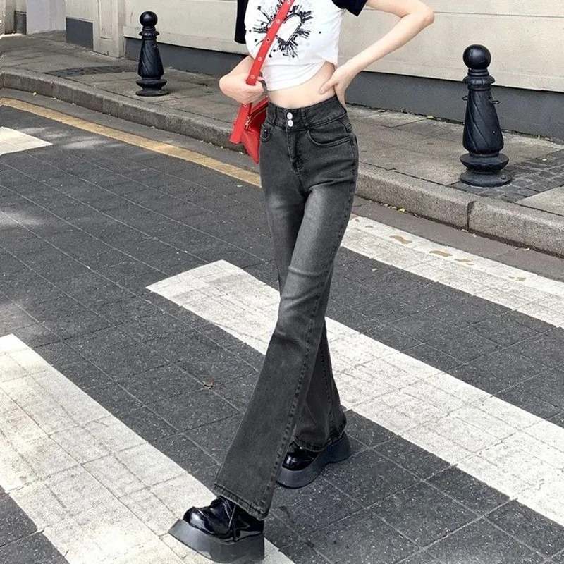 High Street Vintage Denim Flare Pants Women High Waist Straight Zipper Pocket Jeans Fashion Office Lady Long Pants