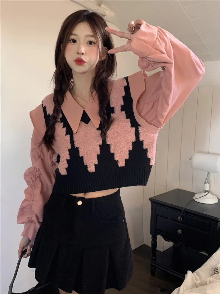 

2024 New Design Sense Short Top Autumn/Winter Fake Two Pieces Pink Sweater Women's Long sleeved Autumn Coat