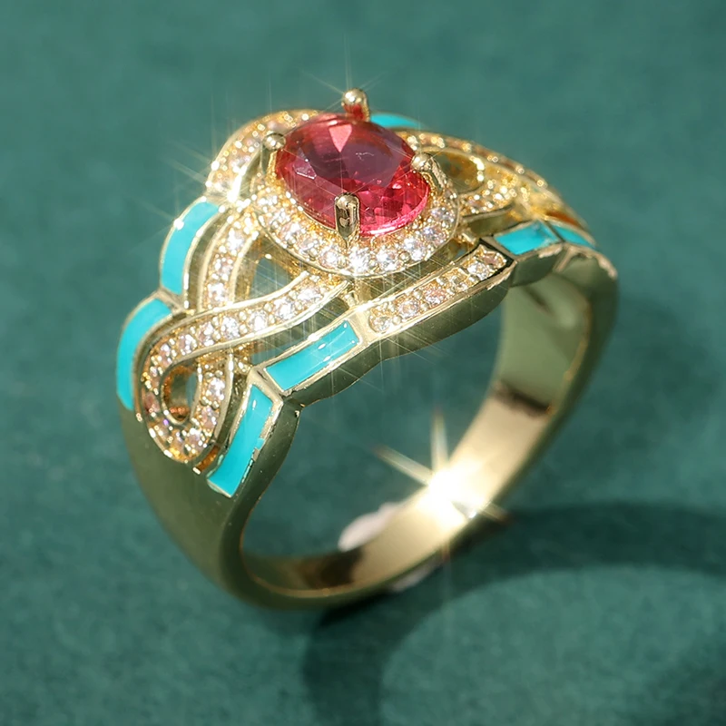 Ethnischer Goldfarben-Ring mit Eingelegten Weißen und Roten CZ-Steinen und Emaille für Damen, Geometrisches Design für Alltag und Partys – Detail 2