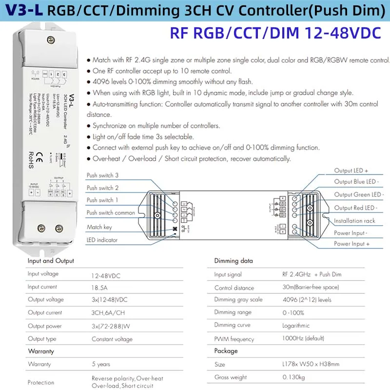 RF2.4G 3CH Wireless Dimmer Push Dim Controller V3 V3-L DIM/CCT/RGB Light Strip No Flicker Multi Zone Work With Wall Panel Remote