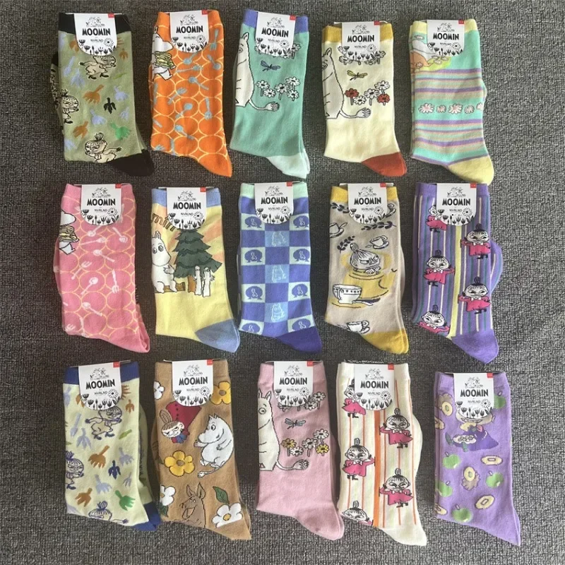 Calcetines de algodón de estilo literario con diseño de bosque y motivos de dibujos animados de los Moomins, calcetines casuales de moda para mujer, de caña media y alta, ideales para el día a día.