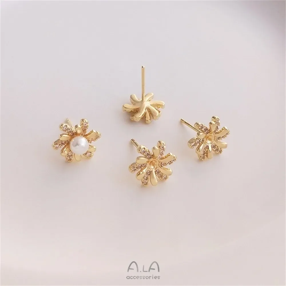 

14K Gold-plated Micro-inlaid Zircon Daisy Half-hole Beaded Earrings 925 Silver Needle Diy Handmade Pearl Earrings E180