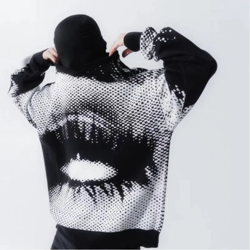 Y2k Gothic American fashion sweater with neutral print design pullover for women's casual long sleeved knitted couple sports swe