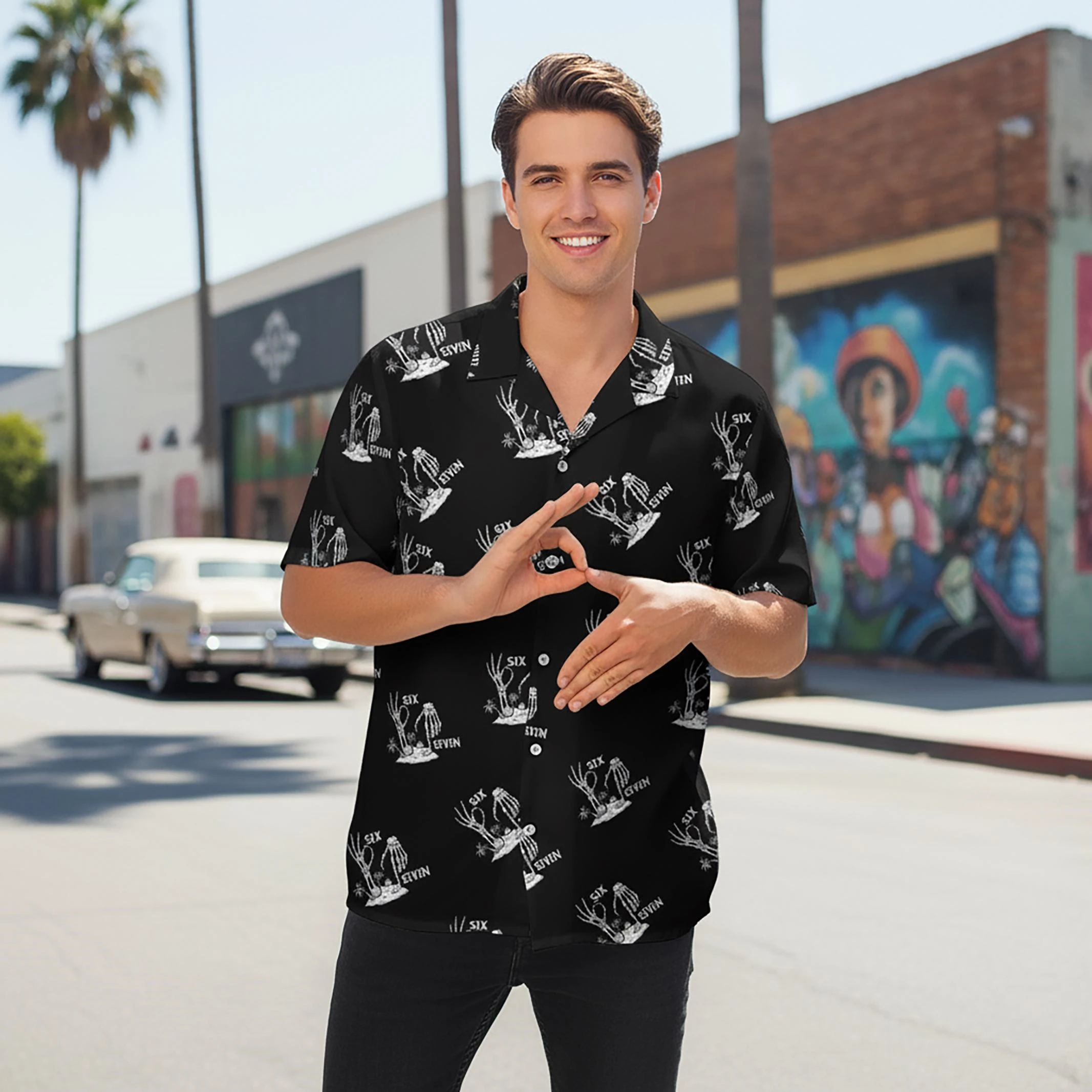 

New 6 7 Skeleton Hand Hawaiian Shirt Men Women Black White Minimalist Print Unique 67 Meme Gift Idea Soft Comfort Button Up