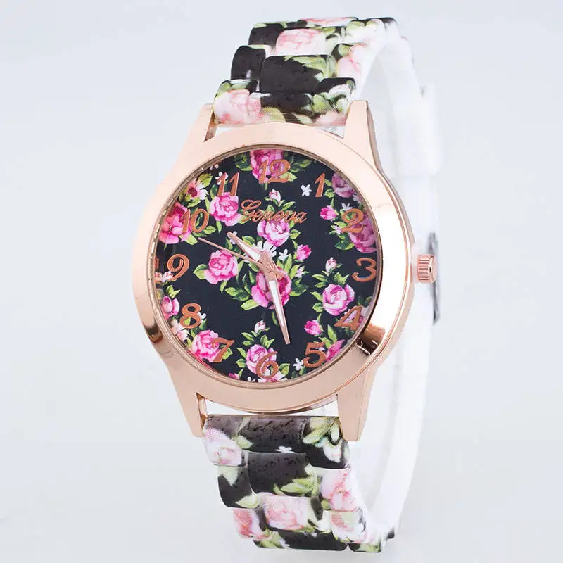 Mädchen Mode neue gedruckte Blumen Silikon Quarz analoge Freizeit uhren Uhr Frauen Armbanduhr