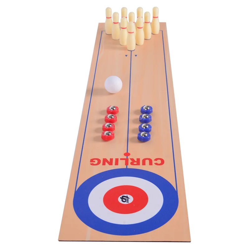 Juego de mini shuffleboard 3 en 1: bolos, curling y shuffleboard.