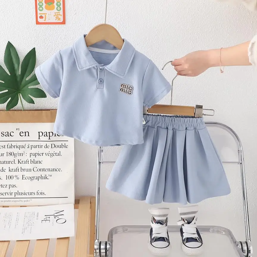 طفل الفتيات قصيرة الأكمام الدعاوى الكورية نمط ملابس الصيف بلون بدوره إلى أسفل طوق تي شيرت والسراويل الاطفال فتاة الملابس #1