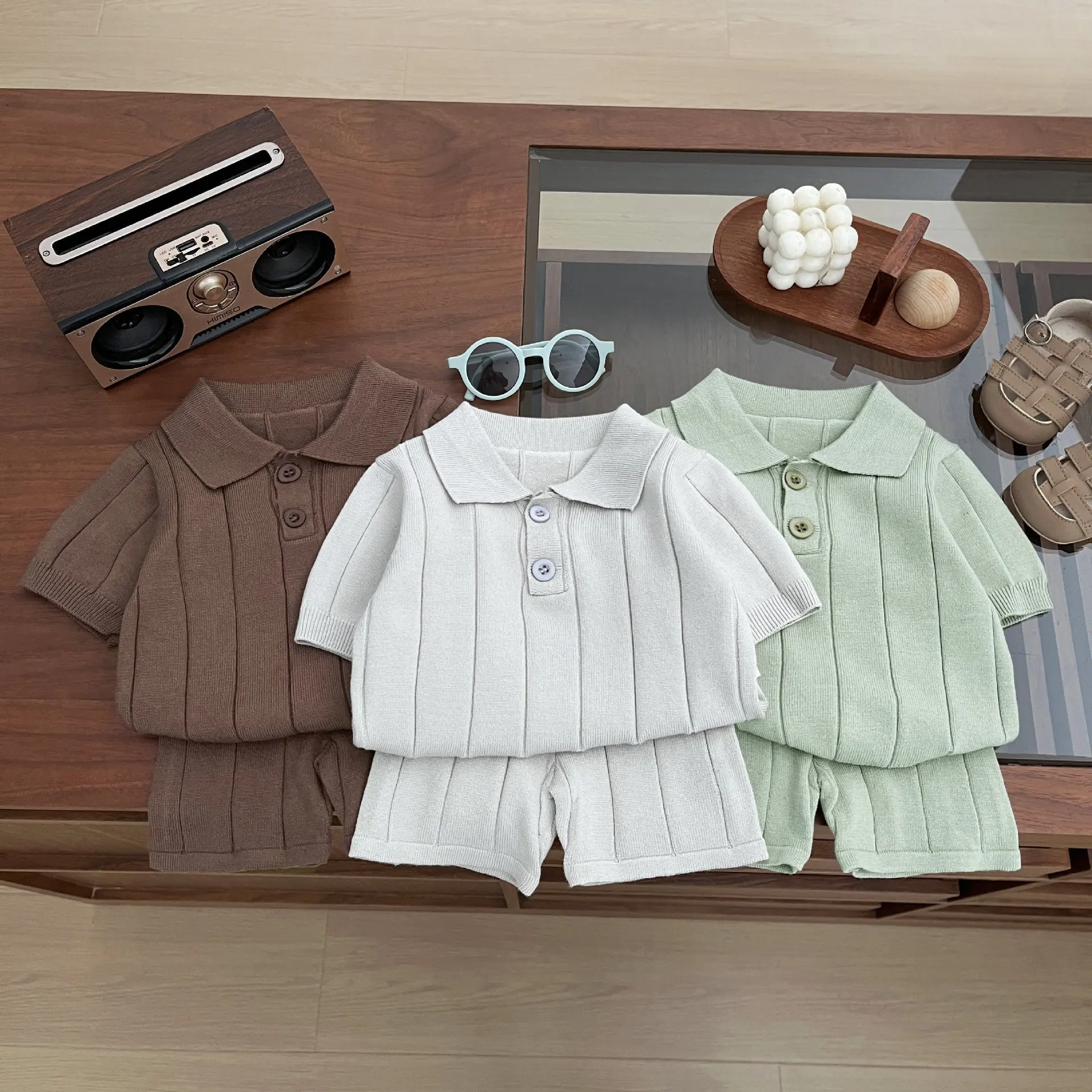 

Новый летний комплект для малышей 2026: Детский вязаный тонкий дышащий костюм из двух предметов с коротким рукавом и шортами