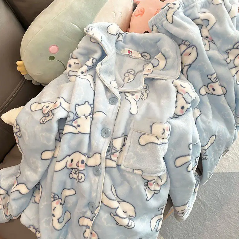 Anime 2Pcs Woman's Pajamas Set Casual Girl Student Cardigan Pants Red Grid Thicken Warm Fashion Casual Cute Korean Homewear Gift