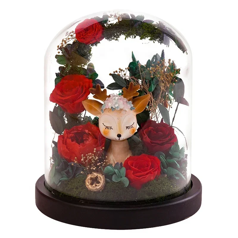 2024 new Christmas gift jar immortal rose natural rose preserved in glass dome with light preserved roses in glass