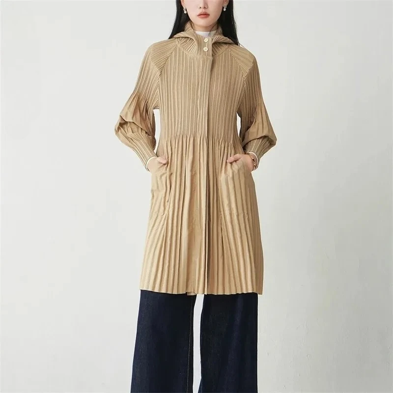 

ANLAN Autumn Winter New Pleated Clothing High-End Loose Women's Lightweight Trench Coat New Hooded Zipper Mid-Length Windbreaker