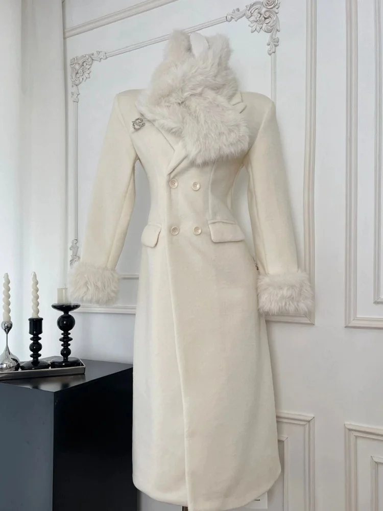 

White Furry Splice Mid-Length Thiened Winter Coat Women's High Waist Knee-Length Woolen Coat Korean Sle Commute Faion