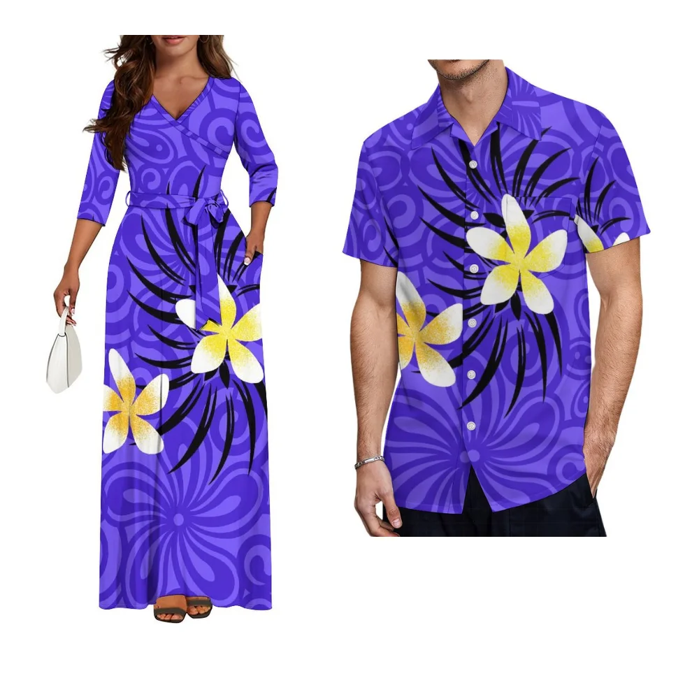 Coppia personalizzata polinesiana Set Abito con scollo a V con cintura Design Abito lungo da donna Camicia formale da uomo dell'Isola hawaiana Samoa