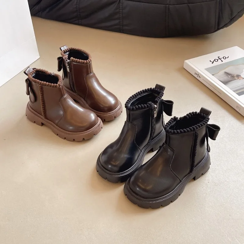 

2025 Children's Ankle Boots Super Warm Veleft Winter Shoes Girls' Low Heel Fashion Bow Comfortable Fashion Boots