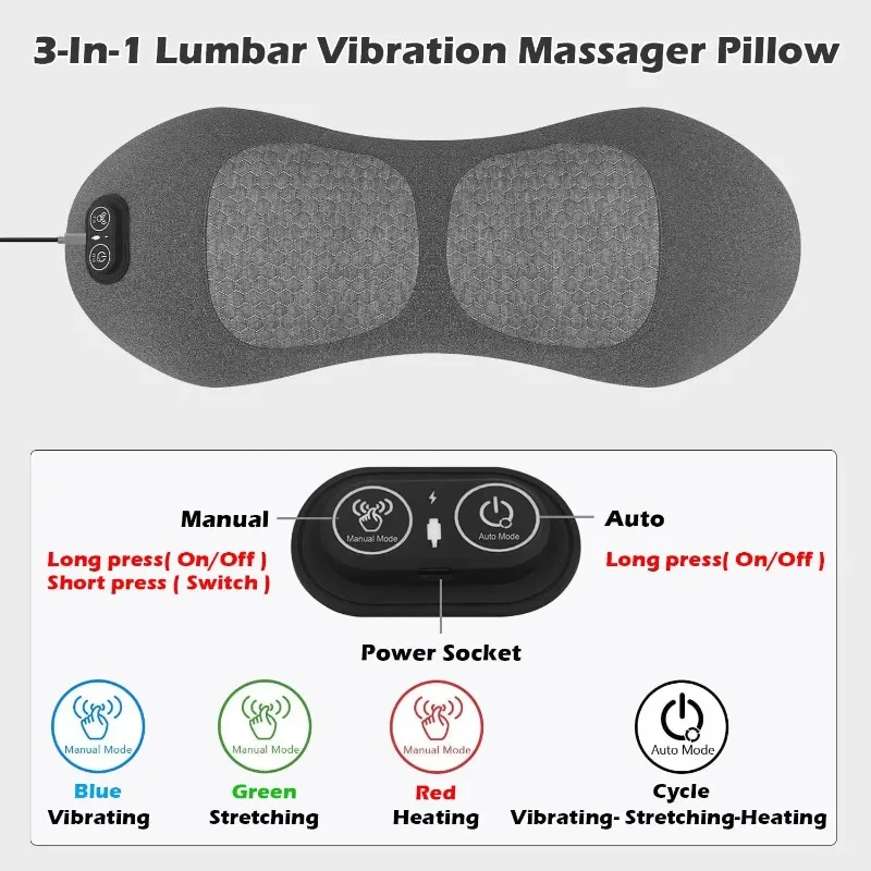3 in 1 Lower Back Massager for Pain Relief Deep Tissue,Smooth Spine Triple Fusion Back Massage Support Pillow for Bed,Chair