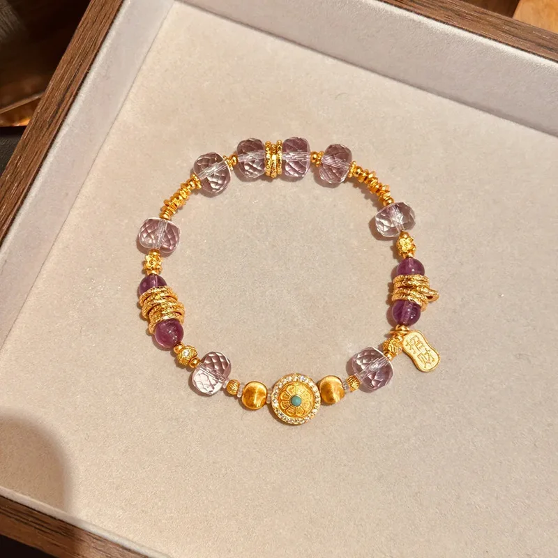 

Natural Amethyst Gold Plated Trapped Crystal Glazed Beads Amulet Bracelet 2025 First Jewelry Nine Purple Fire Lucky Hand String