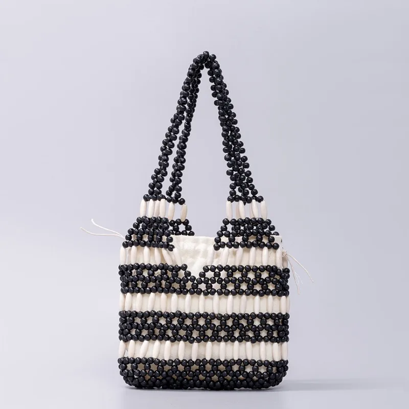 

Bohemia Beach Tote Bags for Women Simple Design Hollow Out Wooden Beads Handbags New in Eco-friendly Hand Braided Shoulder Bags
