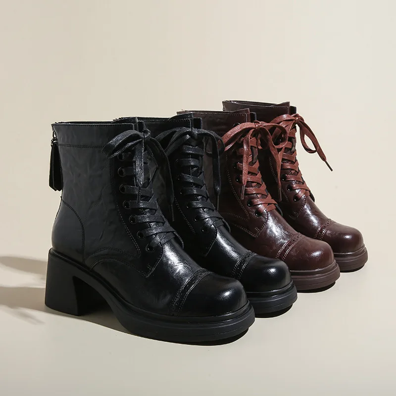 Britischer Stil Herbst/Winter Frauen Plattform Motorrads tiefel runde Zehen Schnür reiß verschluss dicke hochhackige moderne Stiefel Gothic Schuhe