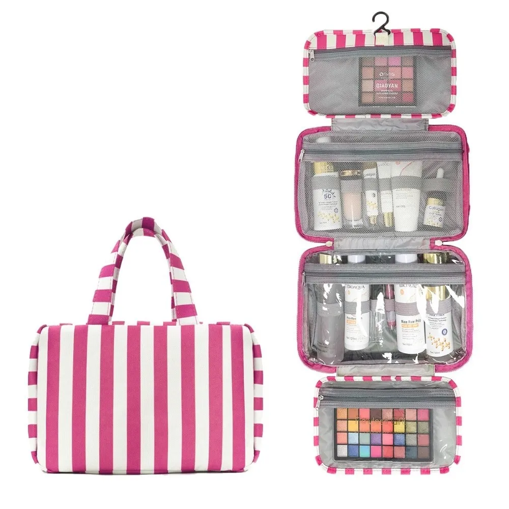 Portable Hanging Travel Toiletry Bag 4-Fold with Hook Makeup Bag Large Capacity Striped Cosmetic Bag Travel image 3