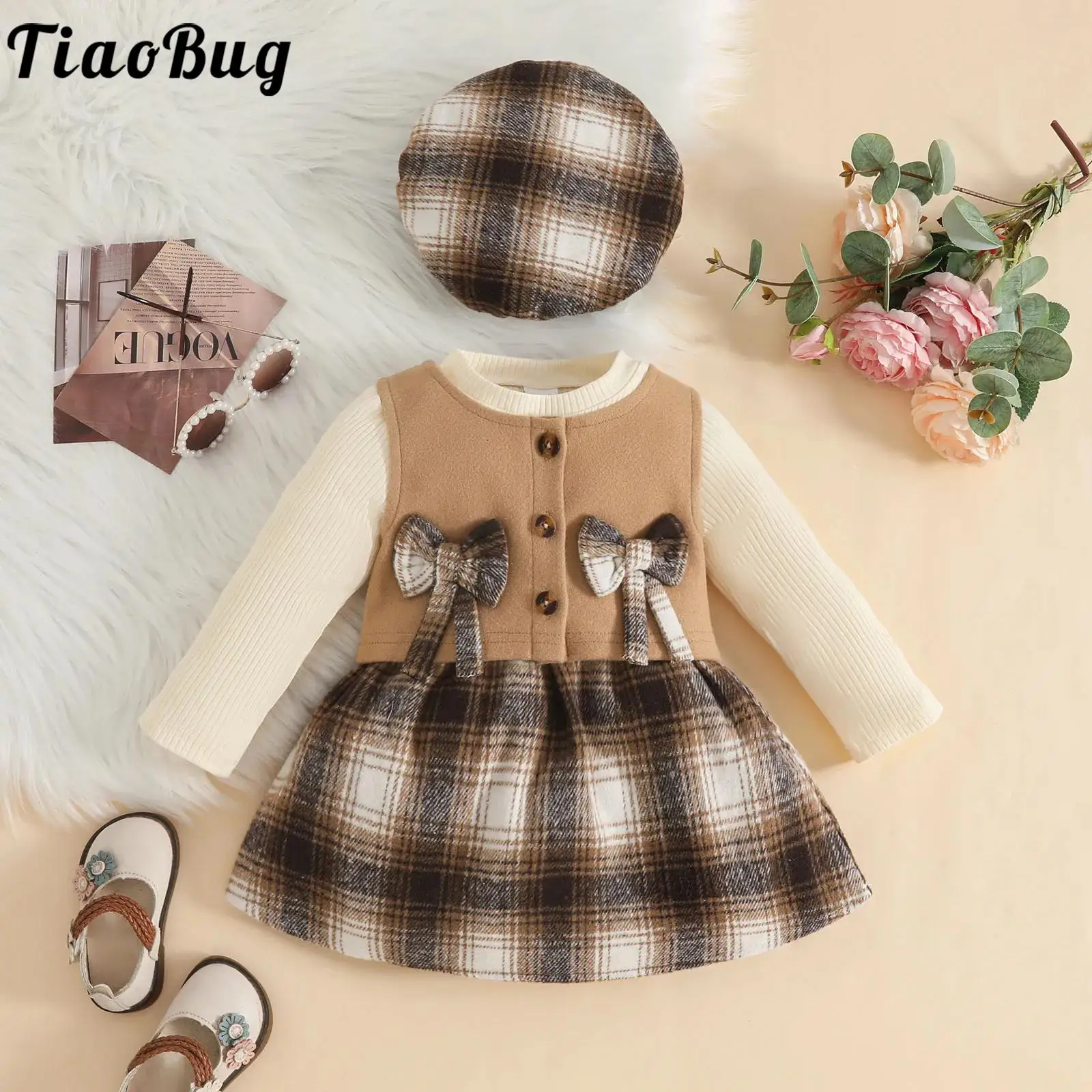 

Toddler Baby Girls Clothes Spring Autumn Long Sleeves Ribbed Plaid Dress with Bowknots Vest Hat Birthday Party Princess Outfits