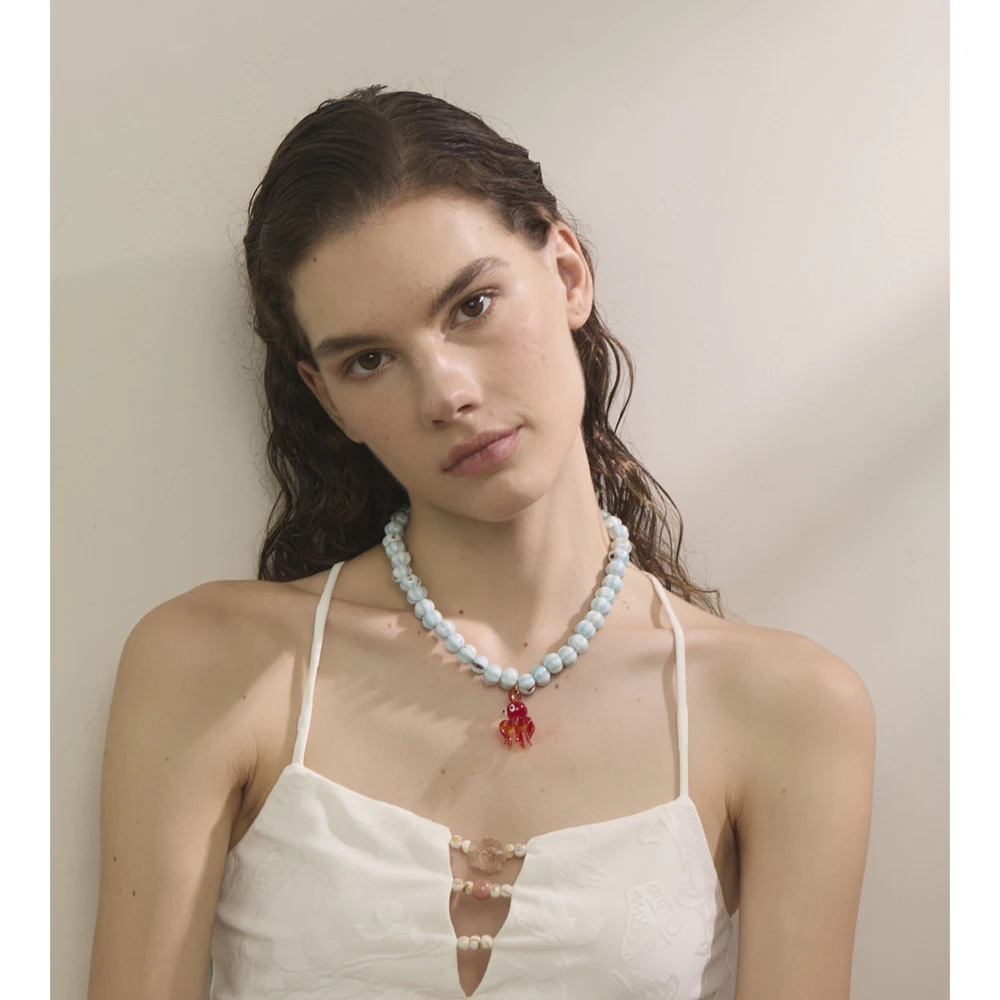 Blue Octopus Pendant Necklace with Ceramic Beads Chain